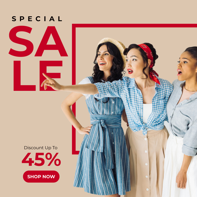 Szablon projektu Special Sale Clothing Collection with Cheerful Young Women Instagram