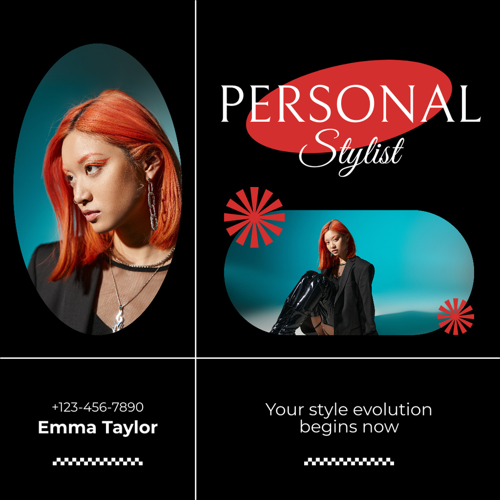 Personal Styling Services Offer with Asian Woman on Black Instagram tervezősablon