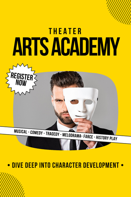 Registration for Acting Academy with Man in Mask Pinterest Πρότυπο σχεδίασης