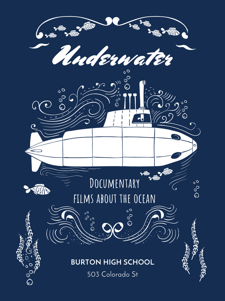 Announcement of Documentary Film about Underwater on Deep Blue Poster USデザインテンプレート