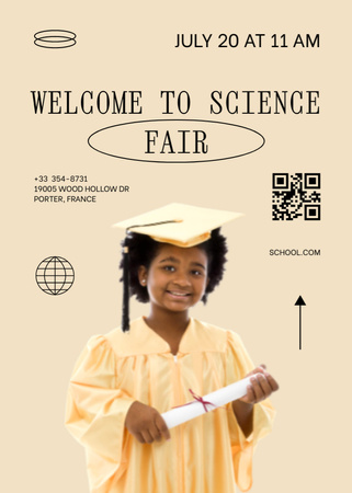 Science Fair Announcement with Smiling Student in Uniform Invitation Design Template
