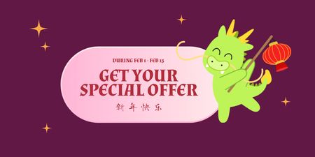 Chinese New Year Sale Announcement with Cute Dragon and Lantern Twitter Design Template