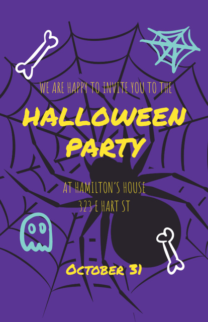Halloween Party With Spider In Web Invitation 5.5x8.5in Design Template