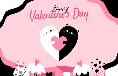Valentine's Day Holiday Greetings with Cute Cats in Love Thank You Card 5.5x8.5in Design Template