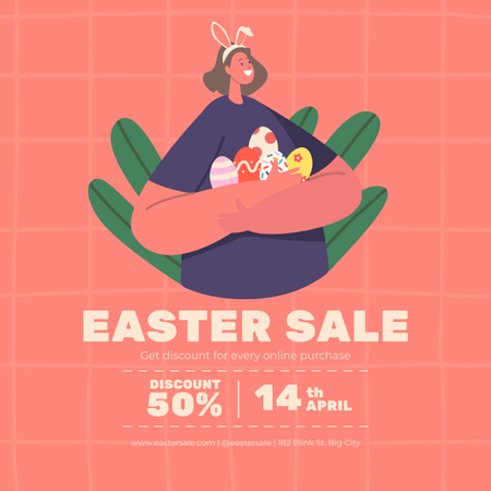 Illustration of Woman with Rabbit Ears Holding Colored Easter Eggs Instagram Design Template
