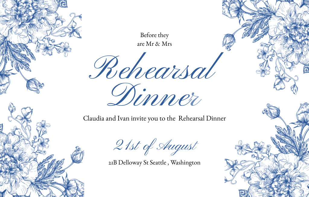 Designvorlage Rehearsal Dinner Announcement With Blue Flowers für Invitation 4.6x7.2in Horizontal
