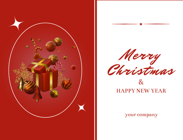 Christmas and New Year Cheers with Present on Red and White Postcard 4.2x5.5in Design Template