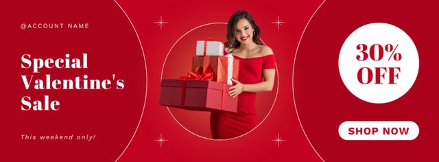 Valentine's Day Sale Announcement with Beautiful Brunette in Red Facebook cover Šablona návrhu