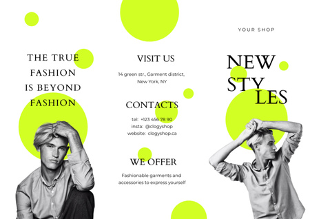 Designvorlage Modeanzeige mit stilvollem Männerfoto für Brochure