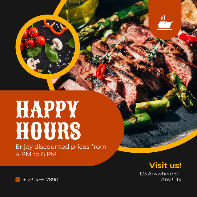 Happy Hours Announcement with Delicious Meat Instagram Tasarım Şablonu