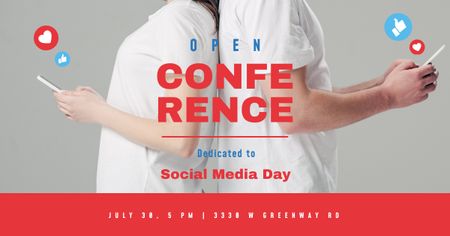 Plantilla de diseño de Conferencia del Día de las Redes Sociales Personas que usan teléfonos Facebook AD 