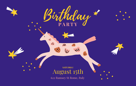 Birthday Party Announcement With Cute Unicorn Invitation 4.6x7.2in Horizontal Design Template