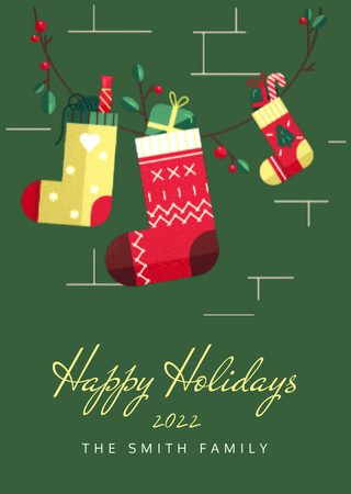 Christmas And New Year Greeting With Illustrated Socks Postcard A6 Vertical Design Template