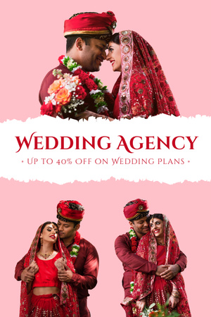 Designvorlage Hochzeitsplaner-Agenturangebot mit fröhlichem indischem Paar für Pinterest