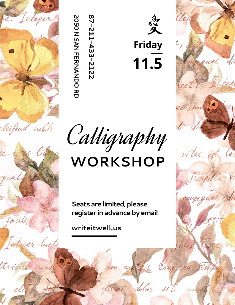 Modèle de visuel Calligraphy Course Announcement with Watercolor Flowers - Flyer 8.5x11in