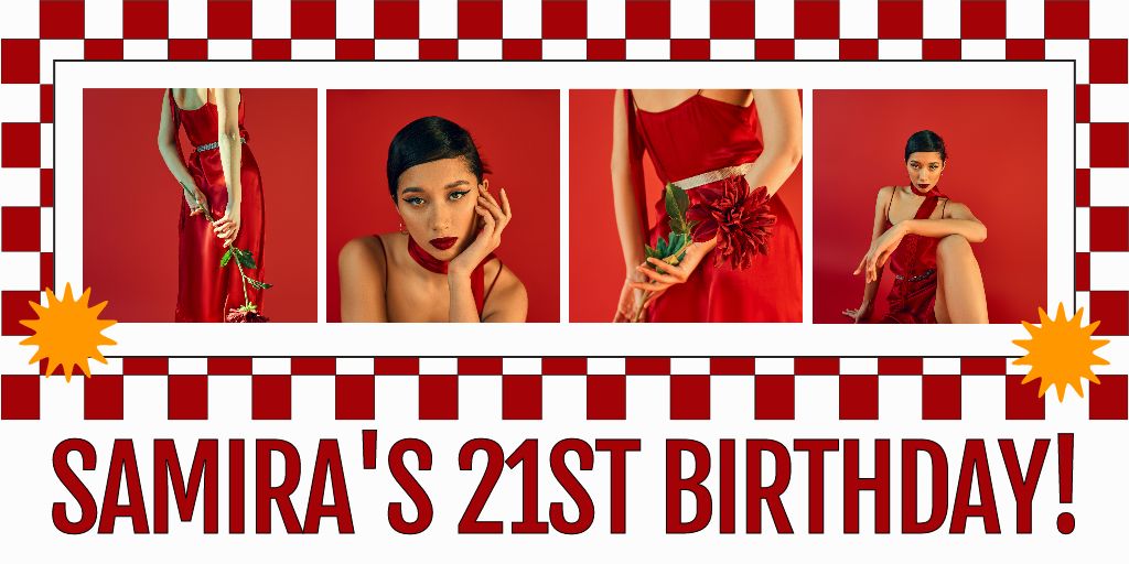 Greeting with Collage of Birthday Girl Photos in Red Twitter Šablona návrhu