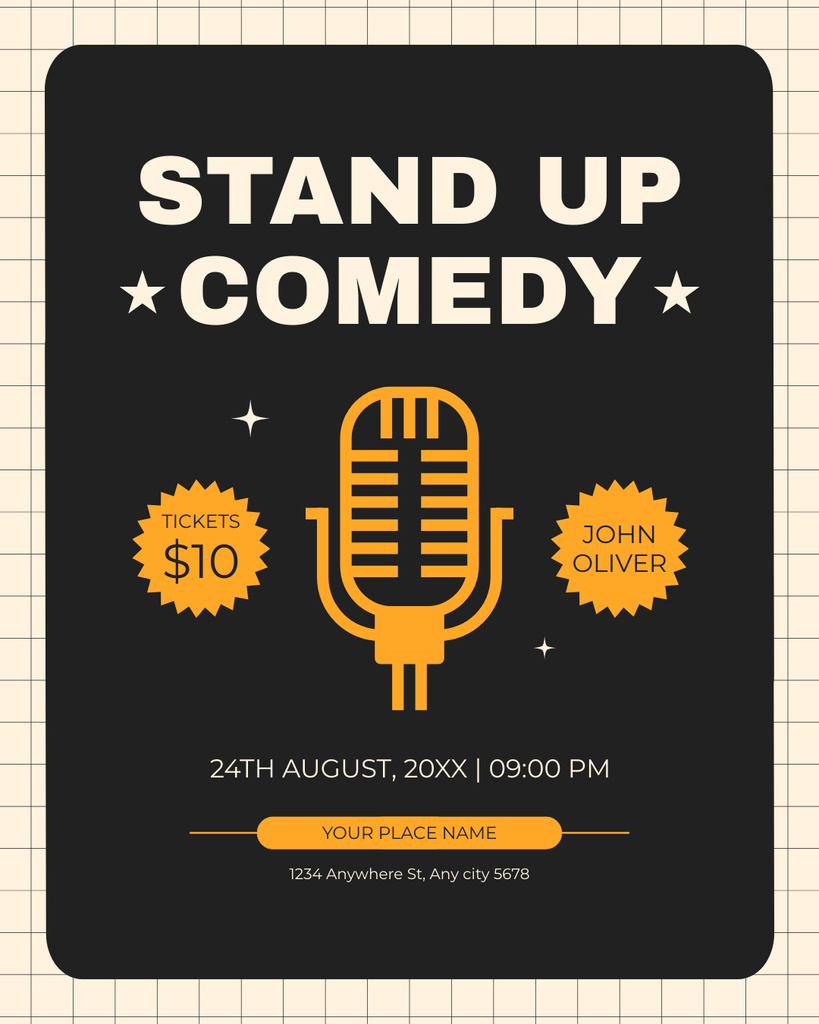 Designvorlage Stand-up Comedy Event Announcement with Yellow Microphone für Instagram Post Vertical