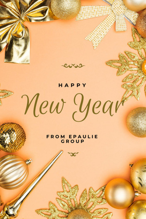 Modèle de visuel New Year Holiday Greeting In Golden Decorations - Postcard 4x6in Vertical