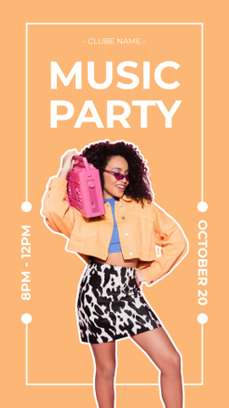 Designvorlage Musikalische Partyankündigung mit stilvoller afroamerikanischer Frau für Instagram Story
