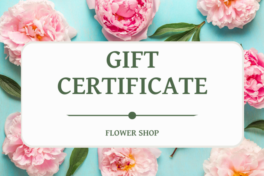 Flower Shop Special Offer with Pink Peonies Gift Certificate Design Template