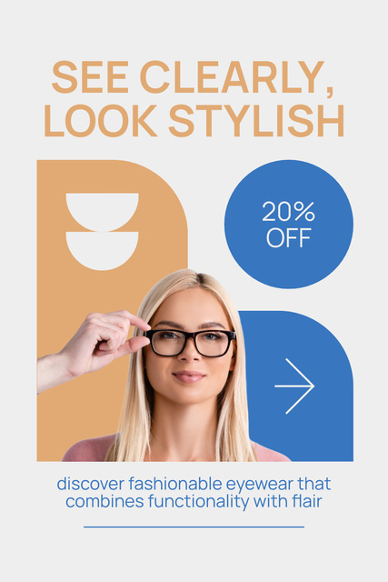 Platilla de diseño Offer of Stylish Eyeglasses with Young Woman Pinterest
