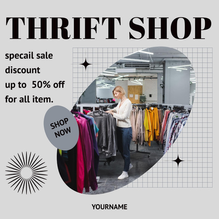 Designvorlage Woman choosing clothes in thrift shop für Instagram AD