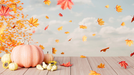 Cute Fallen Autumn Leaves and Pumpkins Zoom Background Design Template