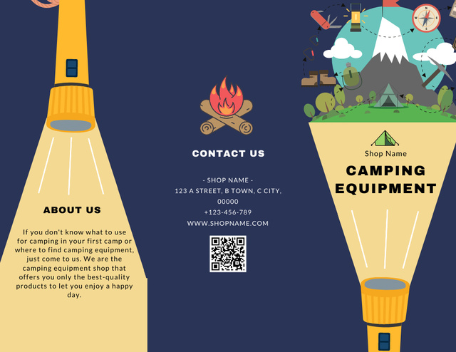 Ontwerpsjabloon van Brochure 8.5x11in van Camping Equipment Sale with Flashlight and Scenery