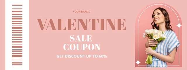 Valentine's Day Discount Offer with Woman with Tulip Bouquet Coupon Design Template