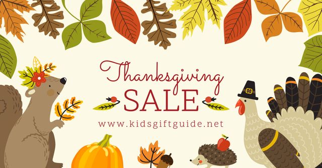 Thanksgiving Sale with Cute Animals and Leaves Facebook AD Modelo de Design