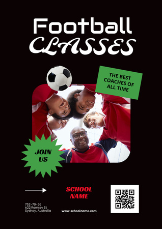 Plantilla de diseño de Anuncio de clases de fútbol con niños y entrenador Poster 
