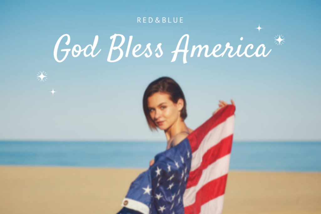 USA Independence Day Celebration With Woman On Beach Postcard 4x6inデザインテンプレート