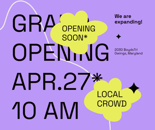 Store Opening Announcement on Purple Facebook Design Template