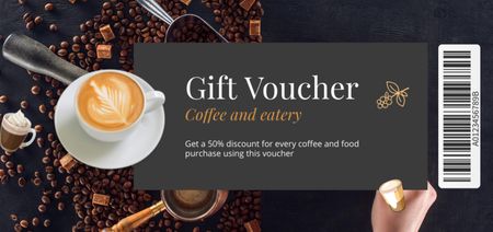 Gift Voucher for Visiting the Coffee House with Cup Coupon Din Large Design Template