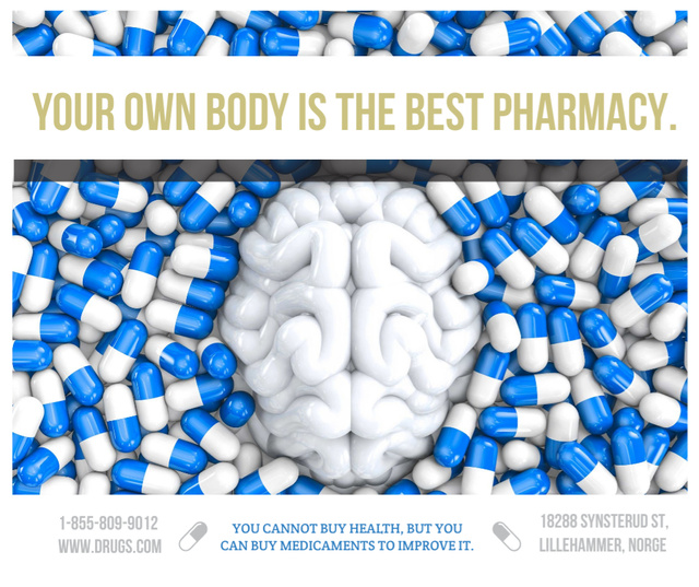 Pharmacy advertisement with brain and pills Facebookデザインテンプレート