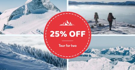 Plantilla de diseño de Winter Tour offer Hikers in Snowy Mountains Facebook AD 
