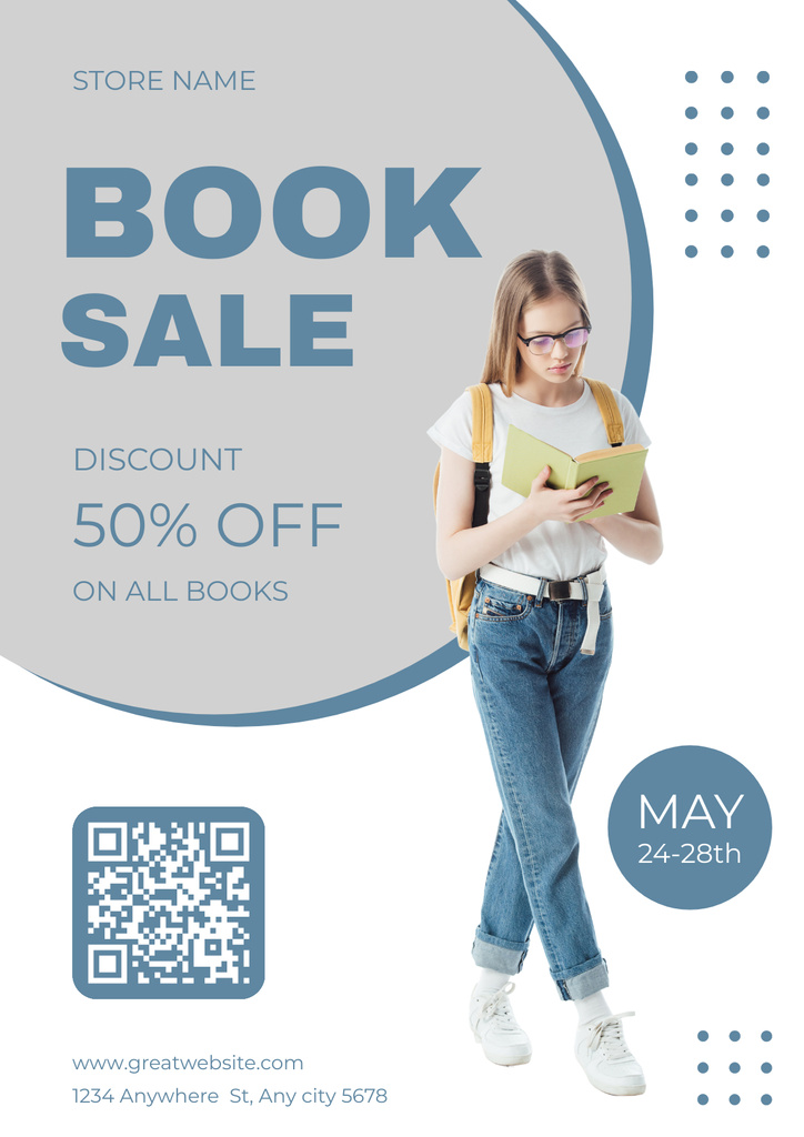 Book Sale Ad with Woman Reader Poster Πρότυπο σχεδίασης
