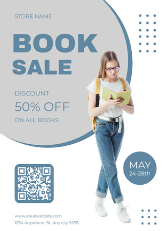 Book Sale Ad with Woman Reader Poster Design Template