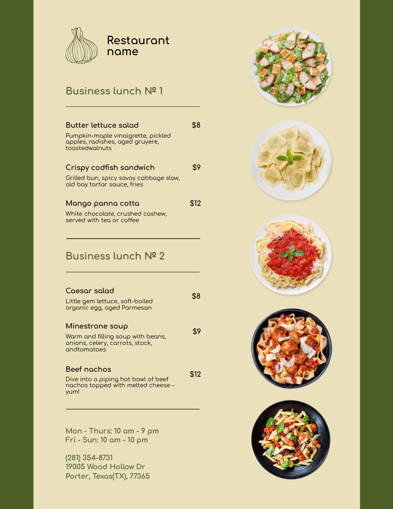 List of Various Dishes in Restaurant Menu 8.5x11in Design Template