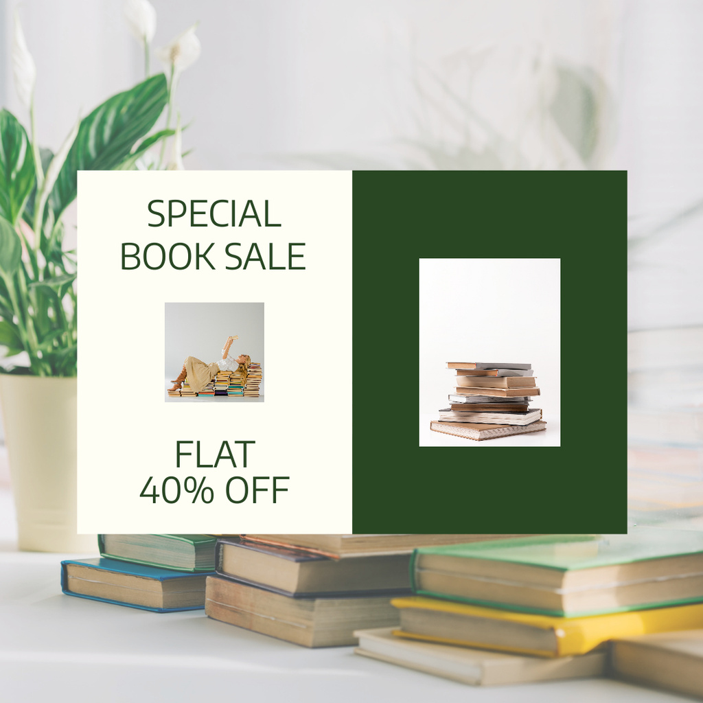 Book Sale with Green Flower in Pot Instagram Design Template