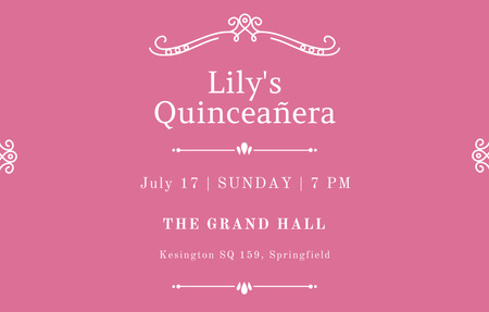 Szablon projektu Ogłoszenie o wydarzeniu Quinceañera w kolorze różowym Invitation 4.6x7.2in Horizontal