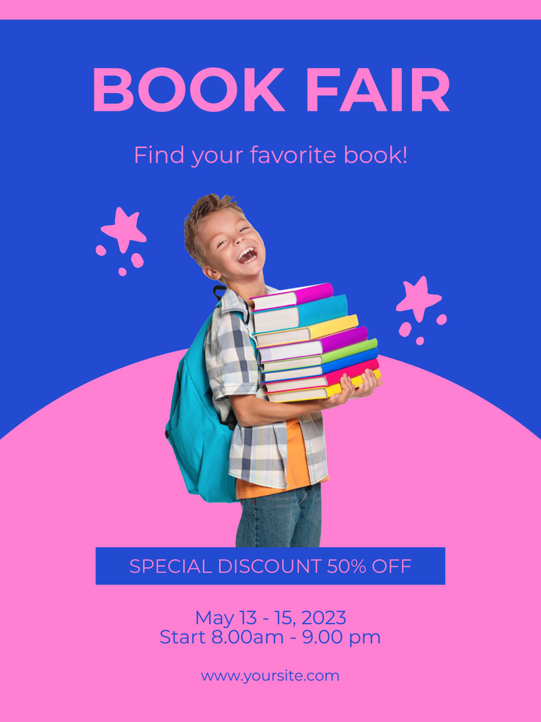 Book Fair Ad on Blue and Pink Poster USデザインテンプレート