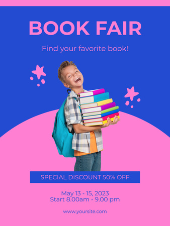 Anúncio da feira do livro em azul e roxo Poster US Modelo de Design