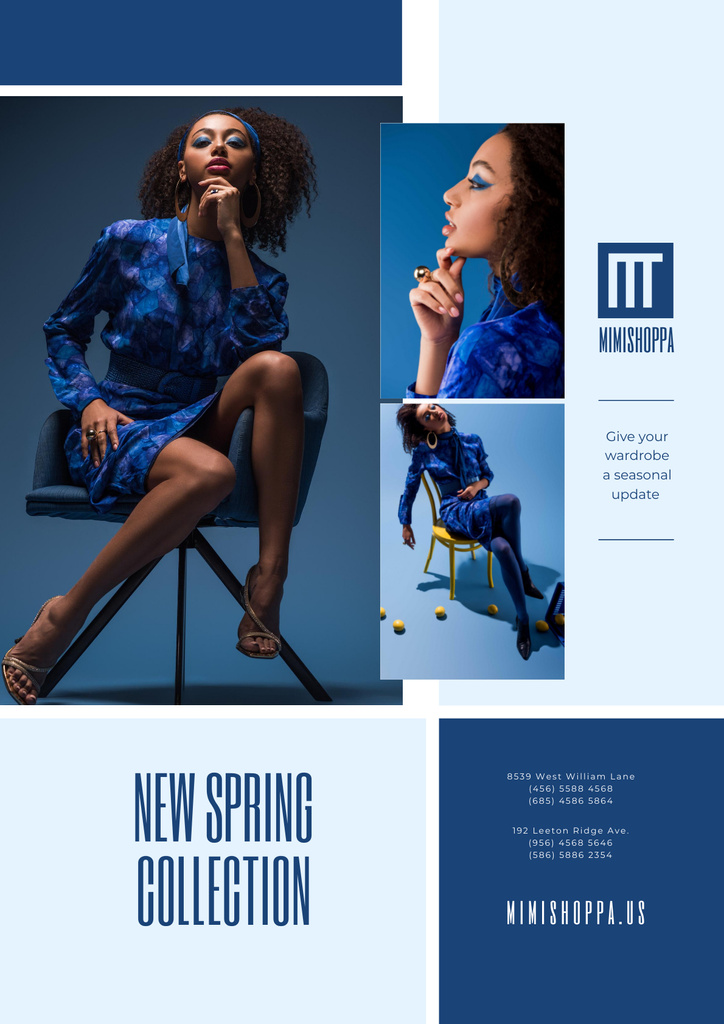 Fashion Collection Ad with Woman in Blue Outfit Poster Design Template