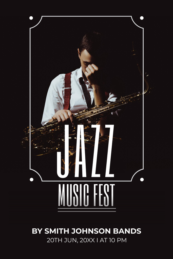 Announcement of Musical Jazz Festival with Young Saxophonist Pinterest Modelo de Design