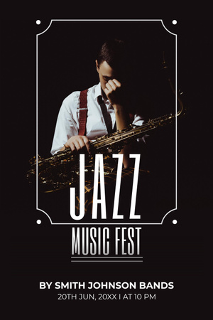 Plantilla de diseño de Convocatoria Festival Jazz Musical con Joven Saxofonista Pinterest 