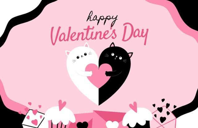 Valentine's Day Holiday Greetings with Cute Cats in Love Thank You Card 5.5x8.5in Modelo de Design