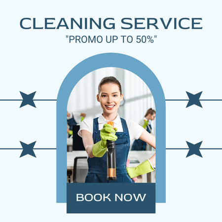 Plantilla de diseño de Oferta de servicio de limpieza con chica en guantes verdes Instagram 