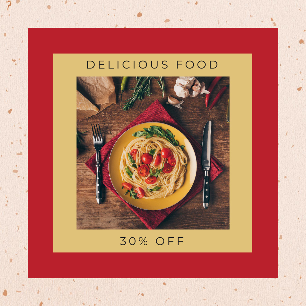 Delicious Food Offer with Spaghetti and Tomatoes Instagram Design Template