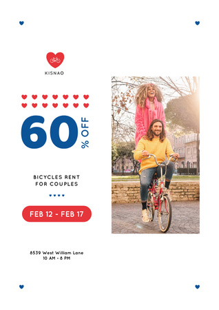 Platilla de diseño Discount Offer with Couple with Rent Bicycle on Valentine's Day Poster